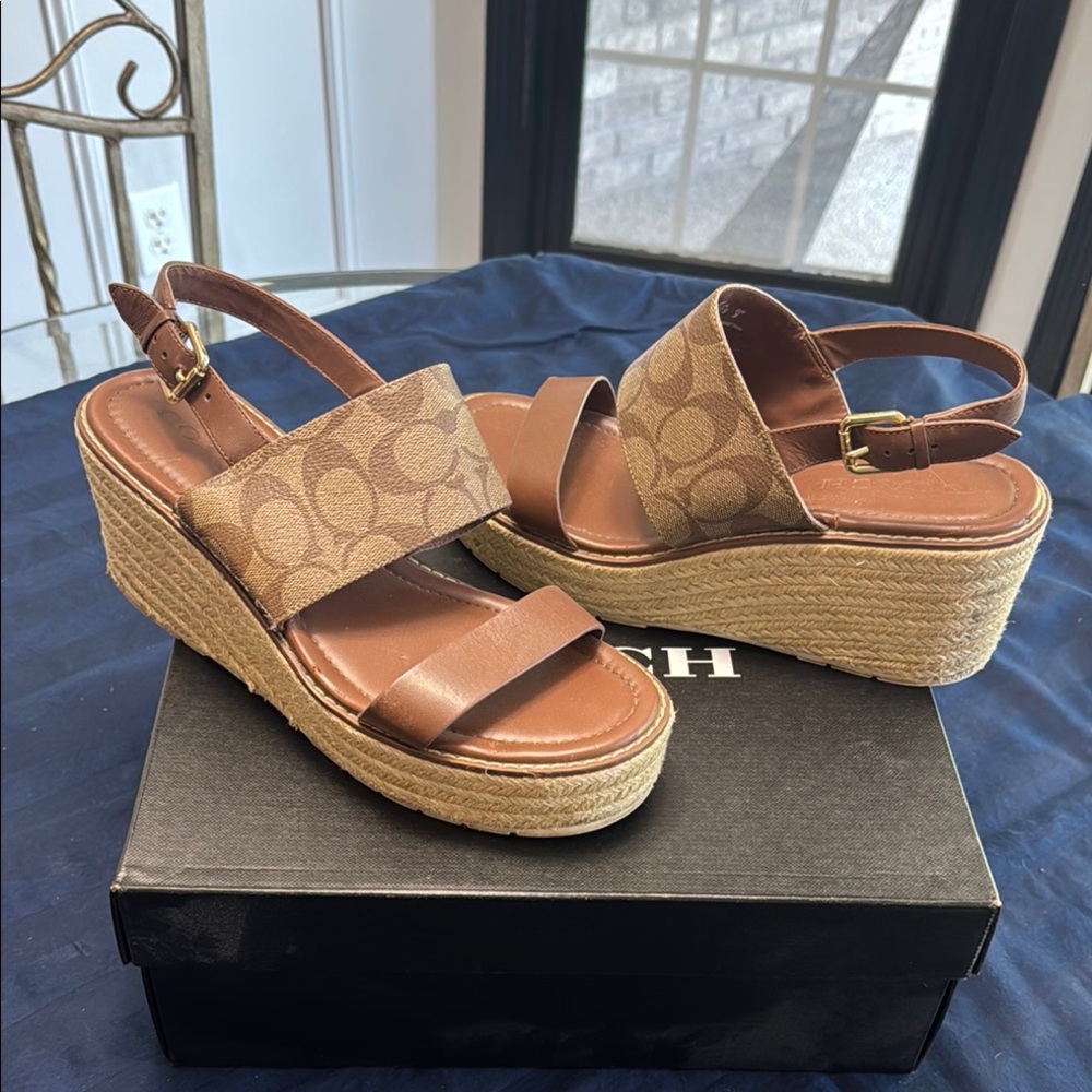 Coach Brown and Tan Wedge Sandals with Signature Monogram